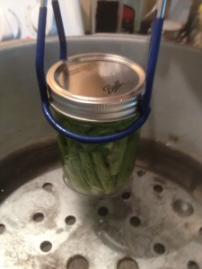 Place each jar into the canner using the jar lifter. 