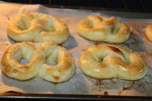 Pretzels will rise in the oven when baking - and brown when placed under the broiler. 