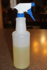 Place liquid in a spray bottle and add twice the amount of water. Shake well and use!
