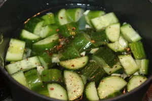Place cucumbers, garlic and red pepper flakes in the brine. 