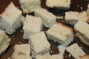 Tear or cut bread into evenly sized cubes for even baking time. 