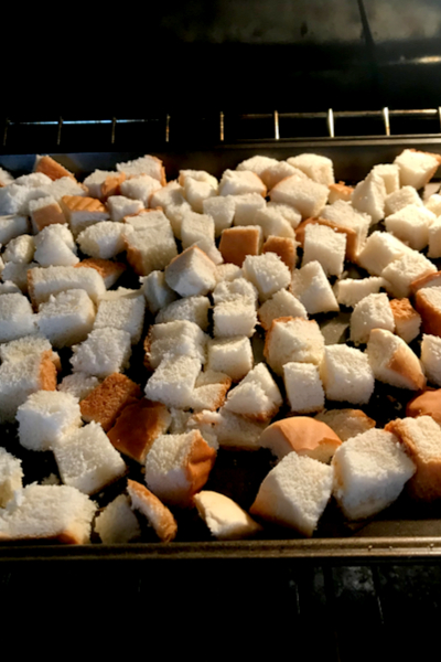 bread cubes in oven 