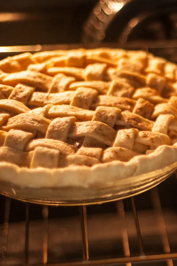 apple pie in oven