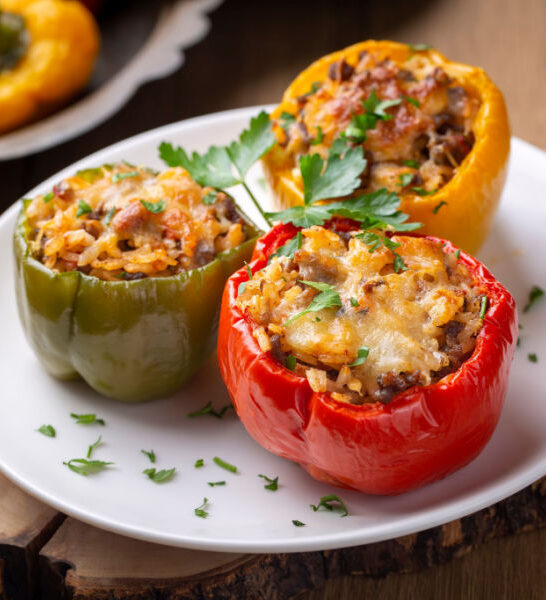 stuffed peppers with cheese on a white plate