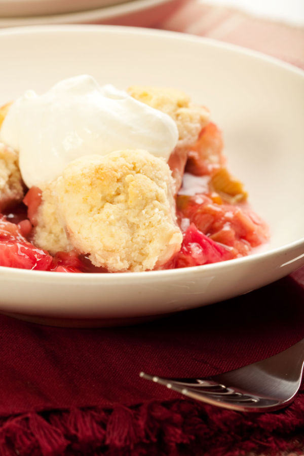 rhubarb cobbler with ice cream on top 