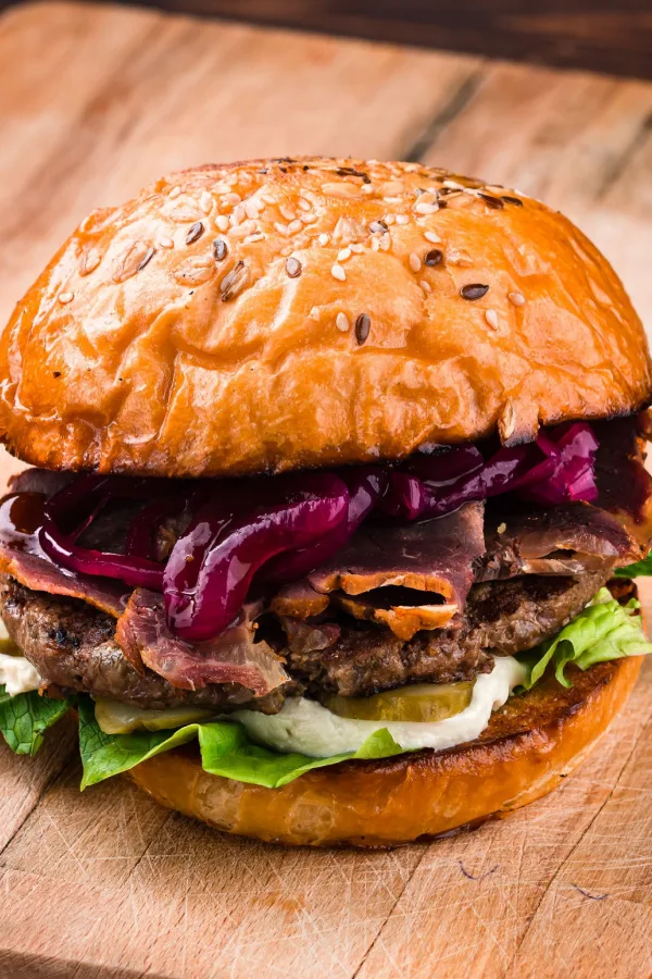 hamburger with pickled red onions