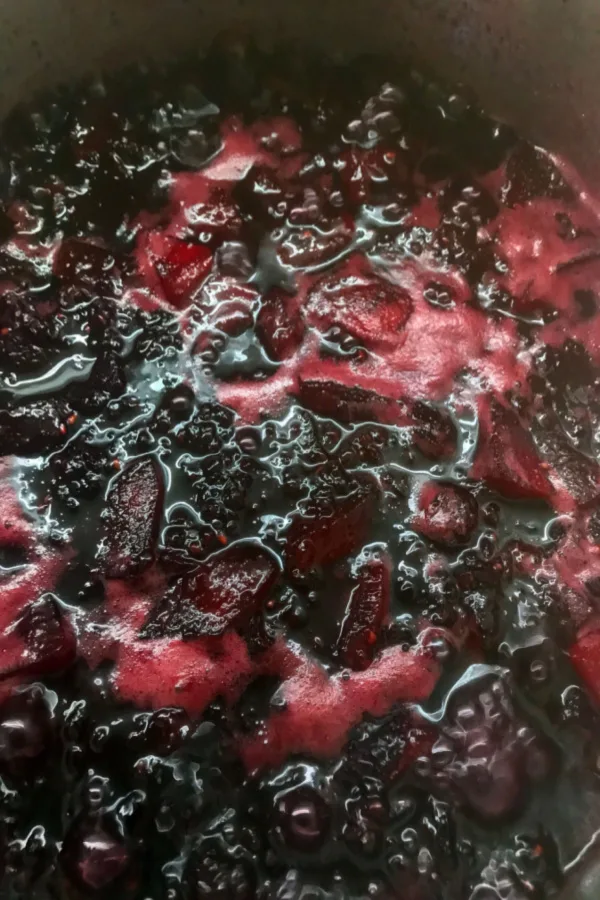 smashed berries cooking in a pot 