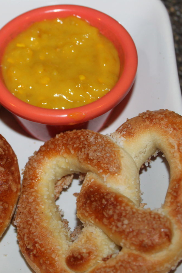 hot pepper mustard and soft pretzels