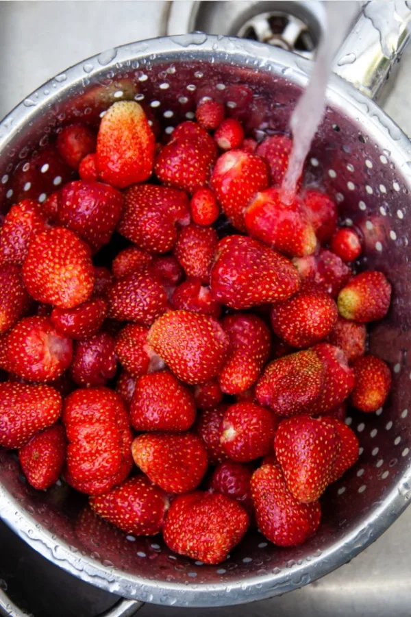 rinsing strawberries in a colander
