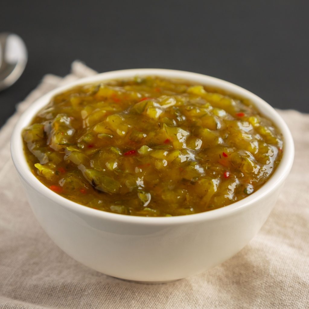 sweet pickle relish in white bowl