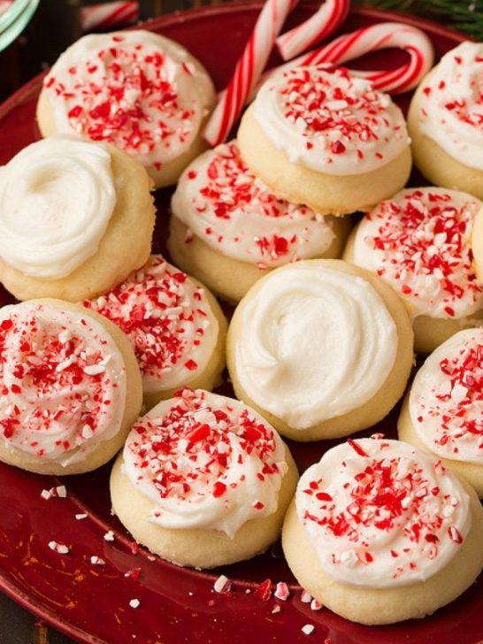 frosted sugar cookie with crushed candy canes on top