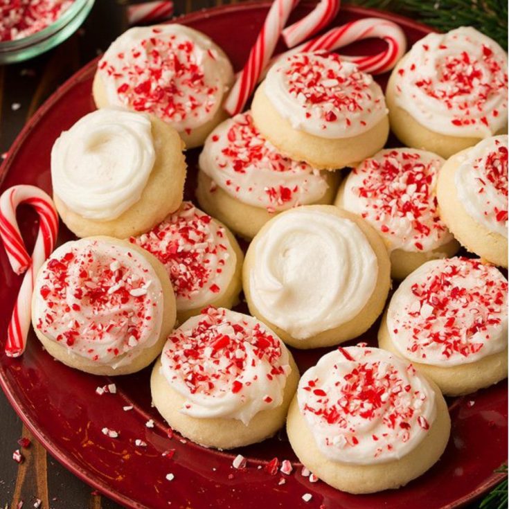 frosted sugar cookie with crushed candy canes on top