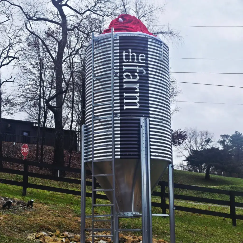 grain bin sign with Santa hat