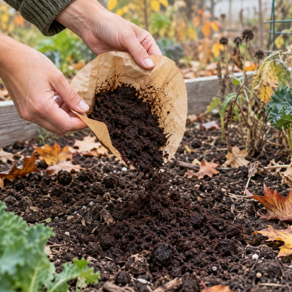 coffee grounds flowerbeds in fall