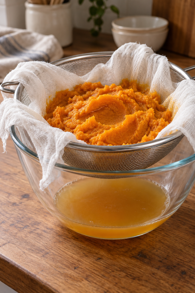 straining pumpkin puree